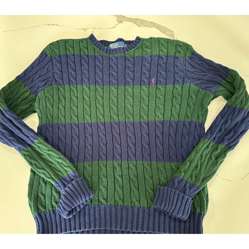 Polo Ralph Lauren Mens Large Cable Knit Sweater Navy Green Striped Cotton Crew